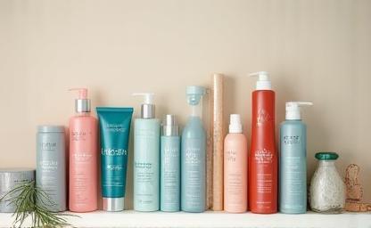 Haircare products on a shelf.