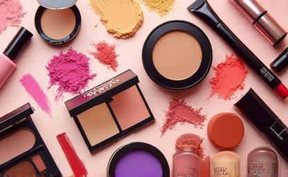 Assortment of colorful makeup products.