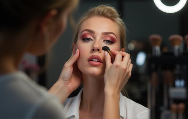Makeup artist applying makeup to a client.