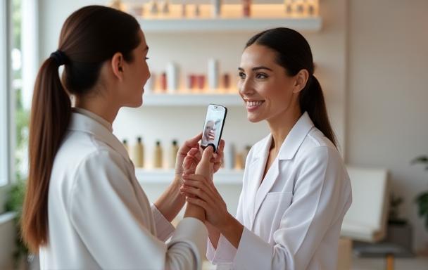 Woman receiving a personalized beauty consultation.